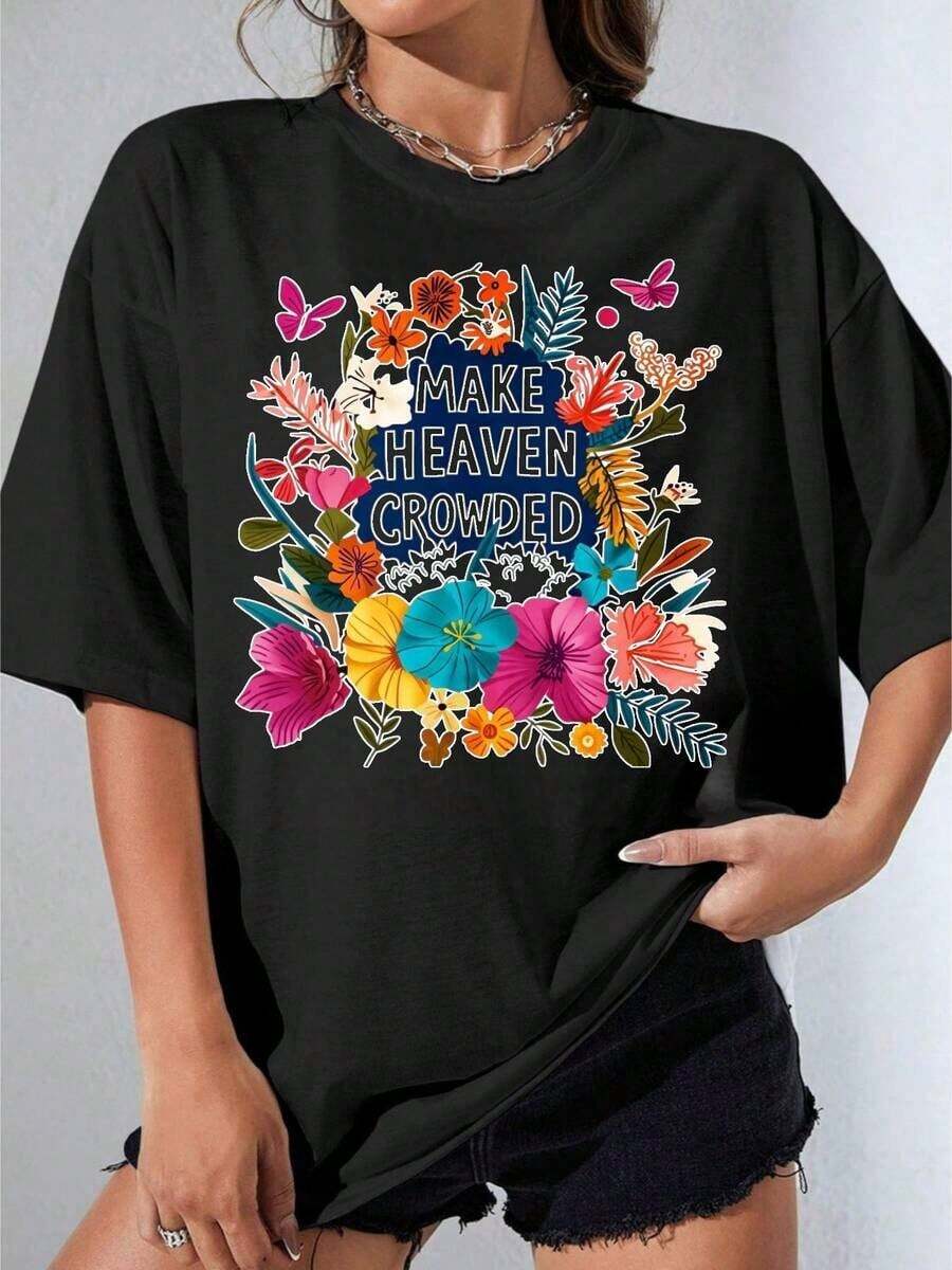 Women's White Floral Print T-Shirt, Oversized White T-Shirt With 'Make Heaven Crowded' Text Design And Colorful Flowers, Casual Summer Outfit For Women, Casual Printed T-Shirt For Outdoor Parties, 100% Cotton - 黑色 - 查看 1