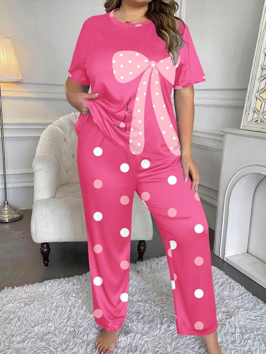 Plus Size Women's Polka Dot Bow Print Pajama Set Pink Short Sleeve Top + Long Pants Loungewear 2-Piece Set - Hot Pink - View 1