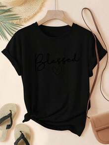 1 Women's T-Shirt - Heather Grey With Heart Print, Soft Casual T-Shirt For Everyday Wear, Sizes S-XXXL - Perfect For Everyday Wear And Special Occasions. 180g - Versatile 100% Cotton Women's Casual T-Shirt - Easy To Match Basic. - 黑色 - 查看 1
