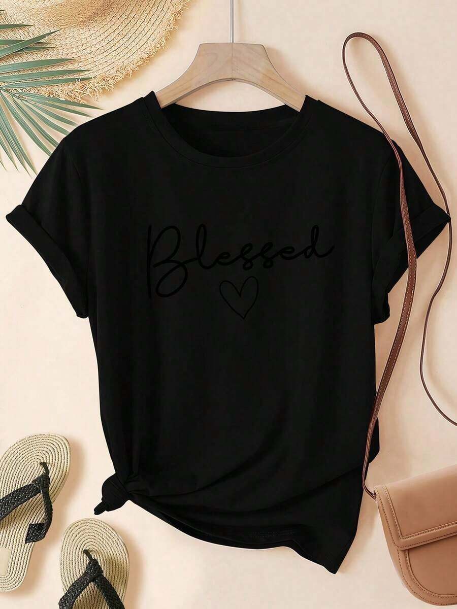 1 Women's T-Shirt - Heather Grey With Heart Print, Soft Casual T-Shirt For Everyday Wear, Sizes S-XXXL - Perfect For Everyday Wear And Special Occasions. 180g - Versatile 100% Cotton Women's Casual T-Shirt - Easy To Match Basic. - 黑色 - 查看 1