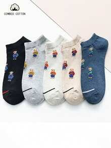 5 đôi tất cổ ngắn in hình gấu hoạt hình, tất thể thao cotton thường ngày dành cho cả nam và nữ, thích hợp cho mùa xuân/hè. - Nhiều màu - Xem 5