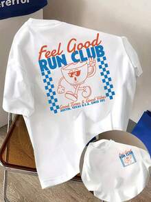 Feel Good Run Club, Club Print T-Shirt, Short Sleeve, Round Neck, Casual Top For Spring And Summer, Women's Clothing - High Quality - 白色 - 查看 7