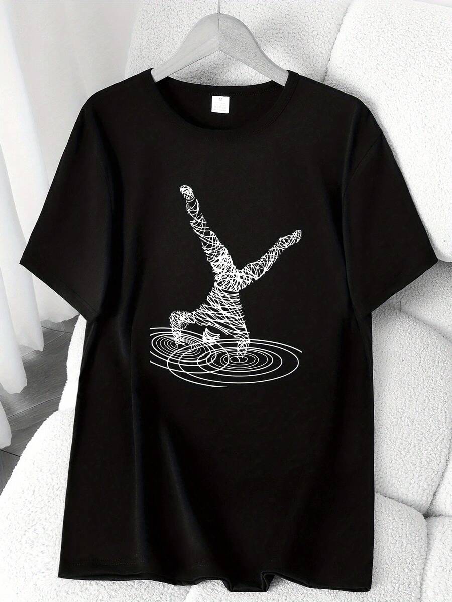Street Dance Line Art Print T-Shirt. Available In 6 Colors, Short Sleeves, Crew Neck, High-Stretch Casual Sports Top. Machine Washable. Basic T-Shirt For Spring And Summer. Suitable For All Seasons. Women's Clothing. Elegant Party Outfit, T-Shirt For Stylish Ladies, Blouses Suitable For Curvy Women, Casual Wear, Cool And Breathable Summer Wear, Fun Letter Print. - 黑色 - 查看 1
