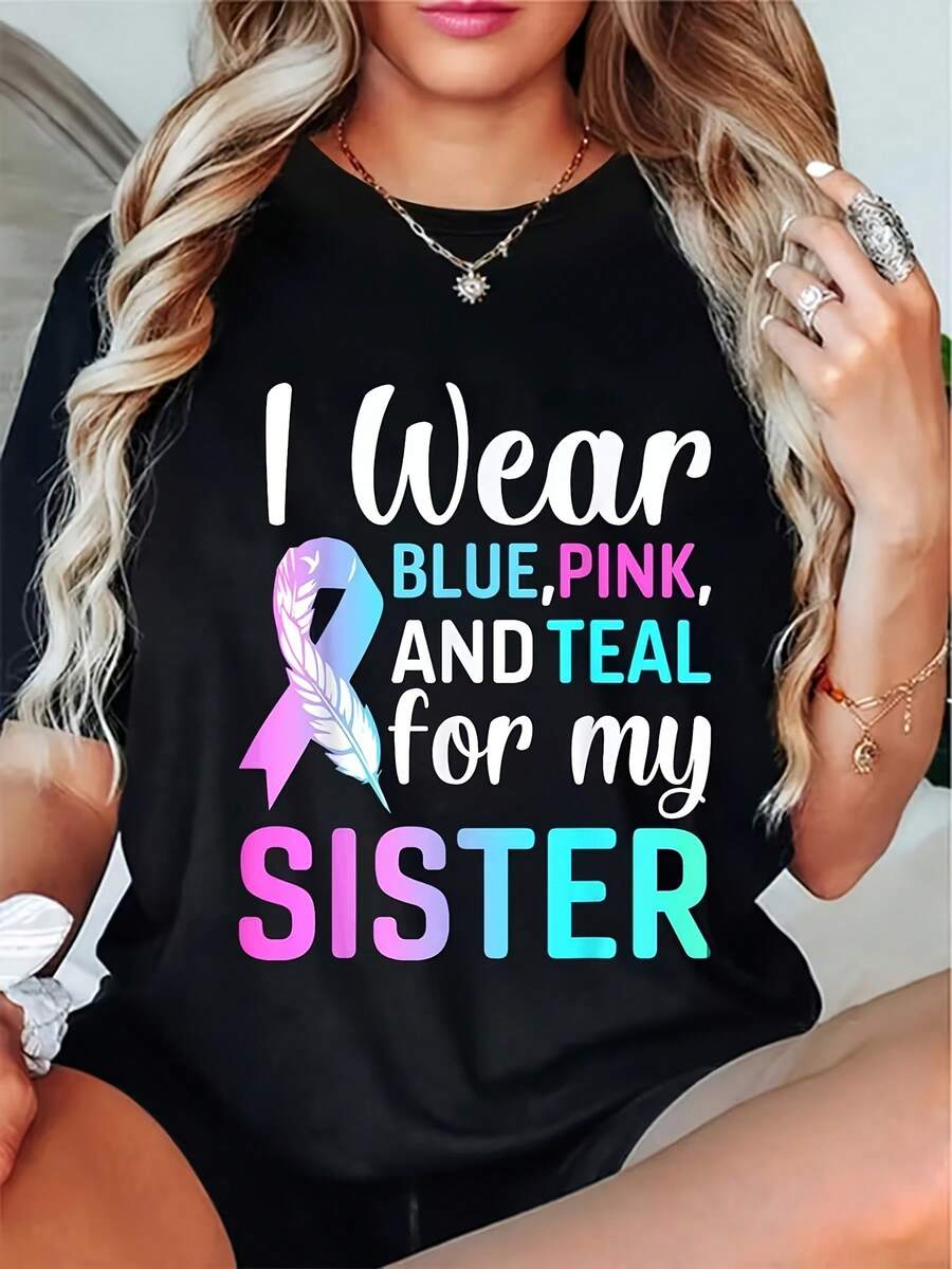 Camiseta de concientización sobre el cáncer de tiroides para mujeres - Diseñada con cintas rosas y azul-verde, impresa con un eslogan de concientización sobre el cáncer de tiroides, hecha de tela suave y transpirable, adecuada para todas las estaciones, cómoda de llevar. - Negro - Ver 1