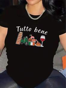 This Women's Short-Sleeved T-Shirt, Made From Lightweight Yet Durable Fabric, Features The Italian Theme Tutto Bene, Which Includes Pizza, Wine, And Famous Places, Making It Perfect For Casual Wear At Home Or For Dining Out. - 黑色 - 查看 12