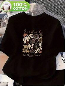 1pc Camisetas Para Mujer Camiseta de algodón 100% agradecimiento diseño floral moderno estilo casual alternativa a camisetas básicas ideal para ocasiones especiales diario diferentes tallas colores disponibles moda Camiseta De Manga Corta De Algodón - Negro - Ver 1