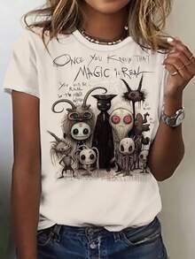 Women's Short-Sleeved T-Shirt With Monster And Letter Print - 白色 - 查看 3