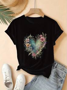 Women's Short-Sleeve T-Shirt With A Blue And Green Gradient Floral Heart Print, Casual Crew Neck Top, Breathable For Summer Travel, Dates, And Evening Wear, Machine Washable, Comfortable For Everyday Wear,  Print T-Shirt, Loose Fit. 6JXP - 黑色 - 查看 2