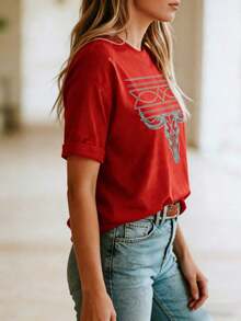 Women's 2026 Denim Style Shirt, Turquoise Color, Casual And Elegant, Sportswear, 100% Cotton, Breathable And Comfortable, Round Neck, Short Sleeve, Knit T-Shirt, Fashionable For Everyday Summer Wear - Unisex Loose Fit 100% Cotton T-Shirt. - 紅色 - 查看 4