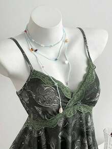 Top de mujer con estampado de leopardo y dobladillo asimétrico con encaje - Verde Oliva - Ver 5