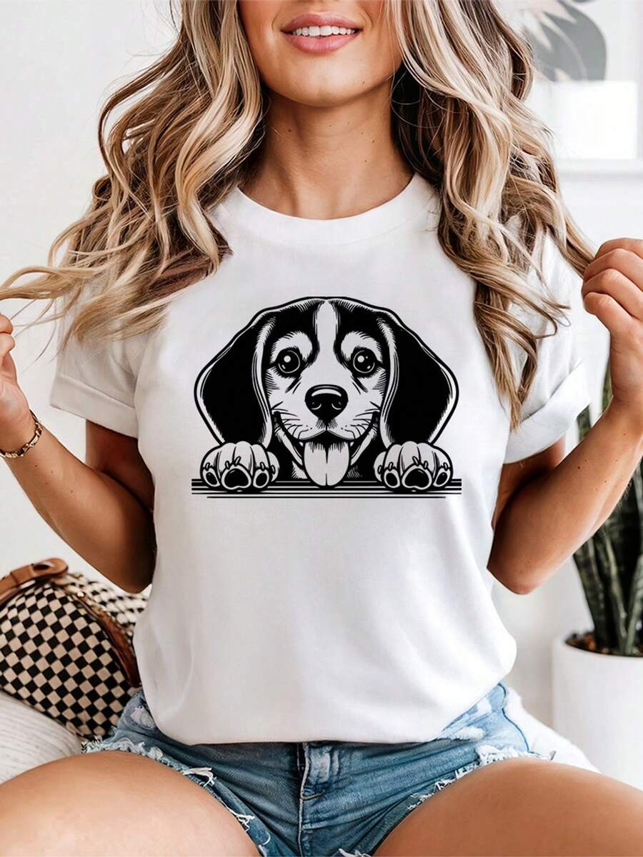 Women's Beagle T-Shirt With Cute Puppy Graphic Peeking Out, Gift For Dog Lovers, Casual Top For Ladies - 白色 - 查看 1