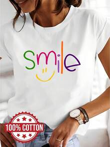 Camiseta de Mujer 100% con Estampado de Sonrisa, Camiseta Casual de Manga Corta y Cuello Redondo, Adecuada para Primavera y Verano, Estilo Femenino. Camisetas para Mujer. - Blanco - Ver 1