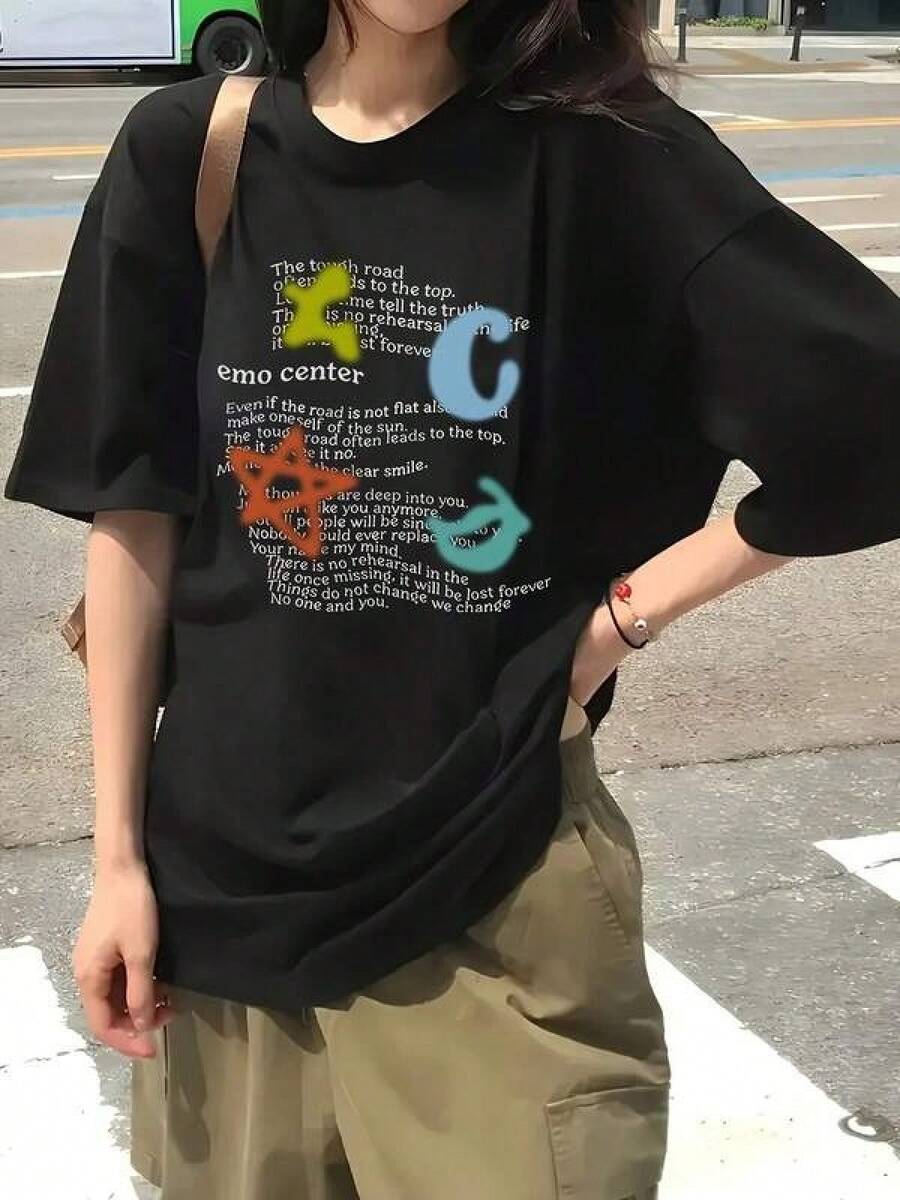 1 Pieza Camiseta Unisex Holgada 180g 100% Algodón Puro, Camiseta unisex de algodón cómodo estilo urbano diseño moderno gráfico colorido alternativa casual versátil ligera perfecta para jóvenes talla M/L/XL color negro moda joven  actuales Cómoda y versátil para escuela, trabajo, salidas y eventos casuales - Negro - Ver 1