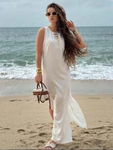 Sleeveless Dress With Round Neck And Zipper, Elegant Summer Style 2026 For Women - 白色 - 查看 2