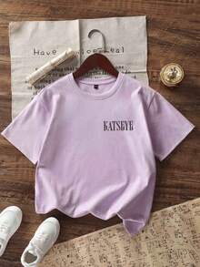 Short-Sleeved T-Shirt With Round Neck And Fun Print For Girls, Summer Top - Mauve Purple - View 5