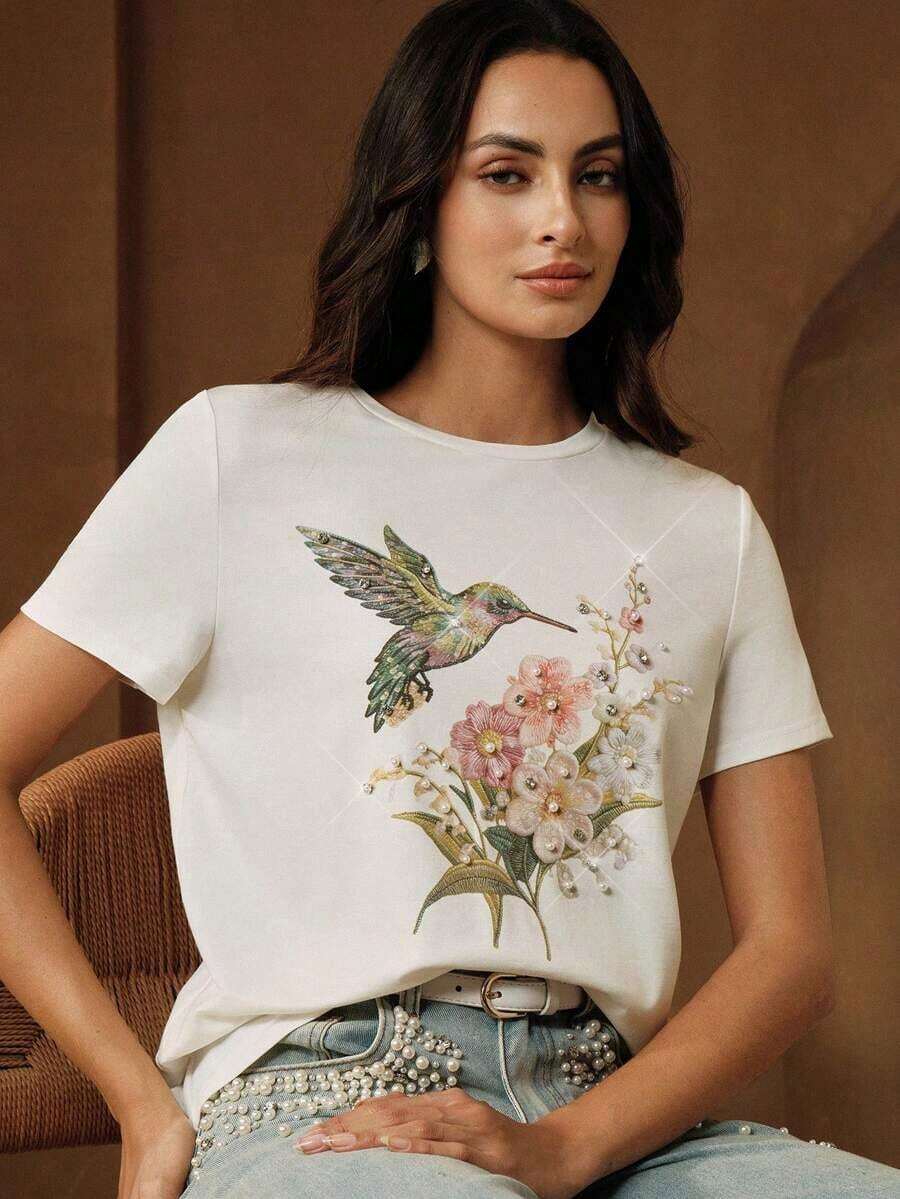 Women's Printed T-Shirt, New Summer T-Shirt For Women, Casual, Beaded, Hummingbird And Flower Print, Round Neck, Short Sleeve, Soft Style, Versatile, Slim Fit, Casual Summer Top. - 白色 - 查看 1