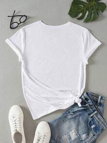| Exquisite Design | Loose And Comfortable | Easy To Match | Women's Summer T-Shirt, Round Neck And Short Sleeve, Suitable For Vacation And Beach Wear, Ciao Bella Artistic Design T-Shirt. - White - View 3