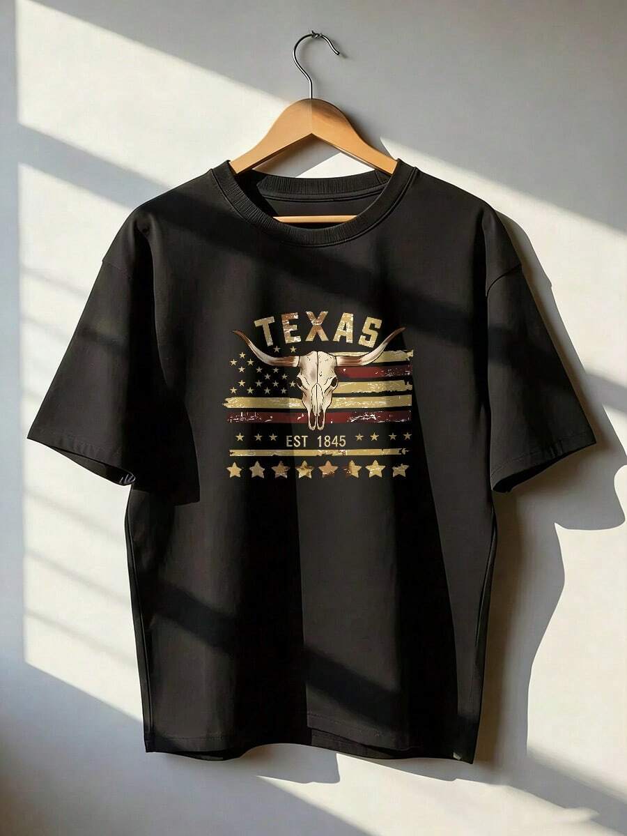 Western And Vintage Style Short Sleeve T-Shirt, Fashionable Short Sleeve T-Shirt For Spring And Summer 2026, Made In Mexico, 180 Grams. Cartoon Print, Couple Design, Suitable For Indoor Or Outdoor Wear. Crew Neck, Unisex, Ideal For Office And Leisure. One-Piece Pack. - BK-P631577SLNDXZGY600 - 查看 1