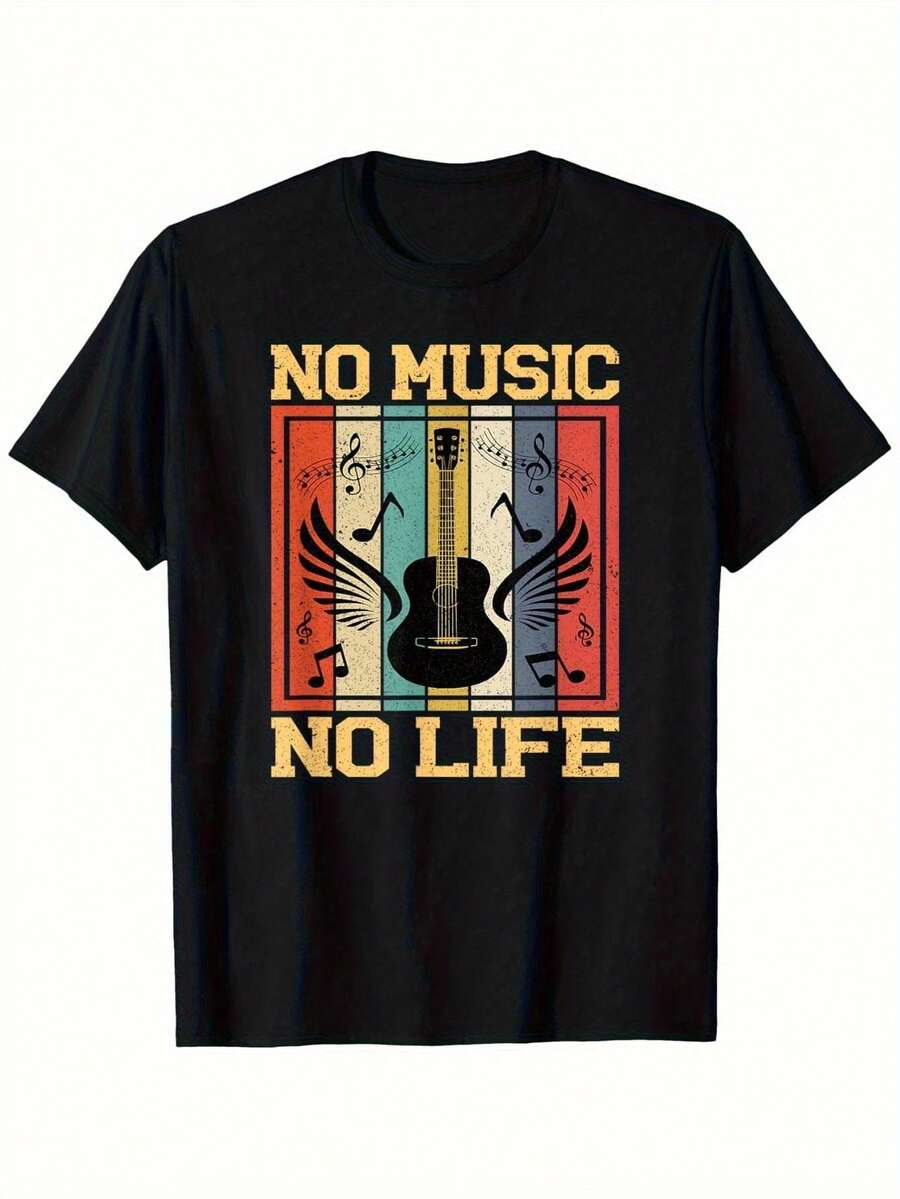 Unisex Vintage Music T-Shirt - Guitar And Musical Notes Pattern "No Music, No Life", 180g Fabric, Suitable For Musical Events And Daily Wear, Black, Music-Themed T-Shirt. - 黑色 - 查看 1