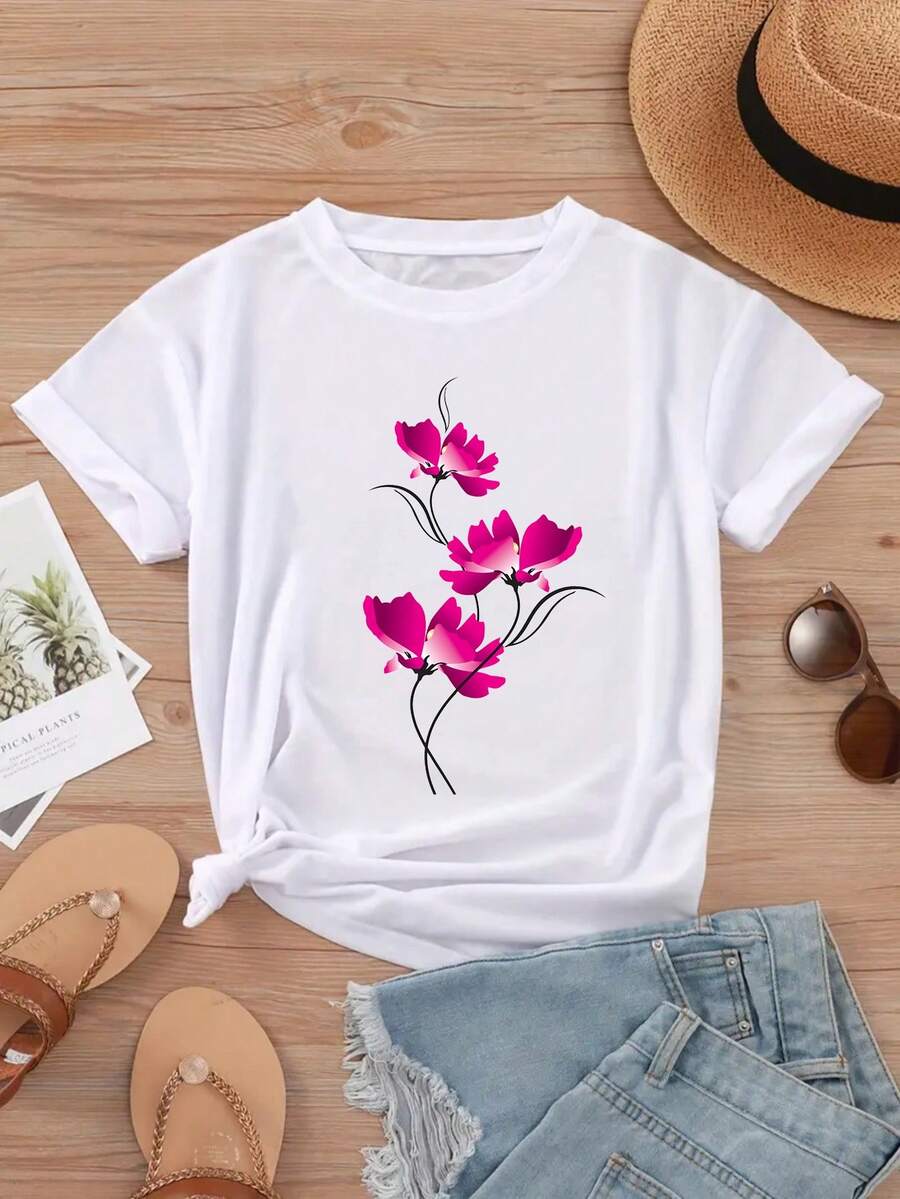 Limited Time Offer, Limited Quantities, Flash ! Women's Casual Shirts, Women's Polyester T-Shirts, Elegant Shirts. Women's Short Sleeve Floral Print T-Shirt In Red And Pink - Casual Blouse Ideal For Spring And Summer, Machine Washable, Opaque, Perfect For Casual Outfits, Office, And Layering, Comfortable Blouse Style - 白色 - 查看 1