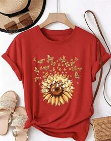 NewSummerCasual Sunflower Print Casual T-Shirt - With Bow Design - Casual Crew Neck, Short Sleeve, Fashionable Spring/Summer T-Shirt - Unisex Loose Fit Cotton Short Sleeve Crew Neck T-Shirt, Vintage Urban Style. Unisex Loose Fit Cotton Short Sleeve Crew Neck T-Shirt, Vintage Urban Style - 紅色的 - 查看 6