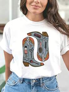 Camiseta de Verano Premium Estampada para Mujer, Camiseta de Manga Corta para Mujer, Pieza Única, Estampado de Botas de Vaquero y Herramientas de Peluquería, Cuello Redondo, Tejido de Algodón Puro, Cómoda y Transpirable, Suave y No Irritante, Adecuada para Citas Diarias, Viajes, Deportes y Uso en Múltiples Escenarios, Tallas: S-XXL - Blanco - Ver 12