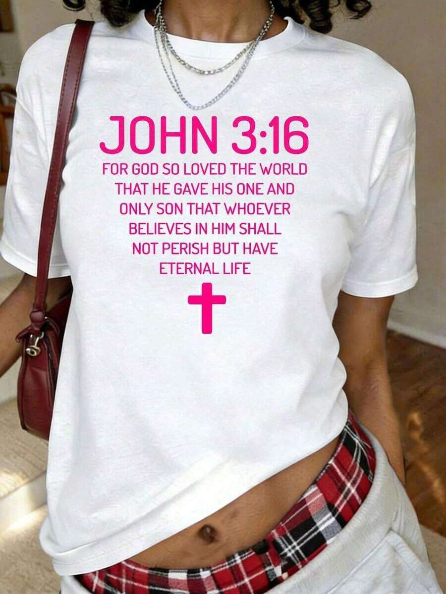 Camiseta con Estampado de Versículo Bíblico Juan 3:16, Manga Corta, Cuello Redondo, Estilo Casual para Verano y Primavera, Ropa de Mujer - Blanco - Ver 1