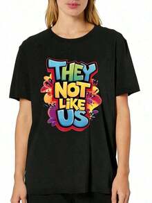1 Piece Of Women's Lightweight T-Shirt With "They Not Like Us" Print, Round Neck, Short Sleeve, Ideal For Summer, Summer Vacation Clothes, Suitable For Festivals And Daily Wear, 180g 100% Cotton. - 黑色 - 查看 2