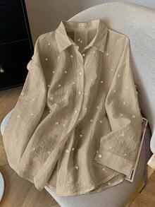 Camisa de mujer de manga larga con espalda descubierta y lazo, de estilo suelto y delgado, para primavera/verano - Caqui - Ver 2