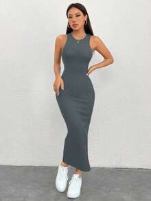PETITE Vestido Para Mujer De Cuello Redondo Sin Mangas - Gris - Ver 1
