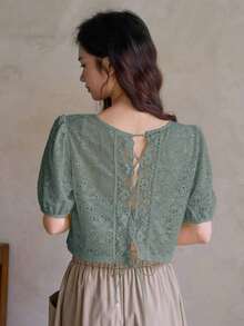 Camisa de manga media con encaje y huecos para mujer - Verde - Ver 1