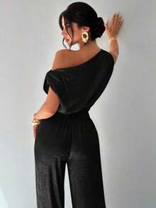 Conjunto de blusa suelta asimétrica sin hombros con baño de oro sin mangas y pantalones de pierna ancha con cintura elástica, adecuado para citas, fiestas, viajes diarios, festivales de música, ceremonias de graduación, atuendos de maestros y ocasiones formales - Negro - Ver 2