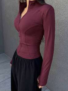 Chaqueta Ajustada Con Cierre De Cremallera Para Mujer - Burdeos - Ver 4