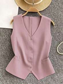 Chaqueta casual de mujer sin mangas de unicolor para vacaciones - Rosa 2 - Ver 1