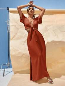Vestido largo estilo maxi para verano con escote en V profundo, cierre delantero, abertura en la cintura y bajo con abertura - Naranja Quemada - Ver 6