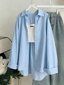 Camisa casual de mujer con aplicación de unicolor - Azul - Ver 2