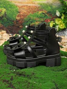1 Pair Teenage Girls' Black Platform Roman Style Princess Sandals, Solid Color Soft PU Woven + Shiny Pearl Bow Decor, Round Toe Open Toe Chunky Heel Comfortable Soft Bottom Non-Slip Rear Zipper Design, Fashion Sweet Princess Style Wedge Sandals, Suitable For Daily, School, Outing, Travel, Spring/Summer New Arrival - Black - View 7