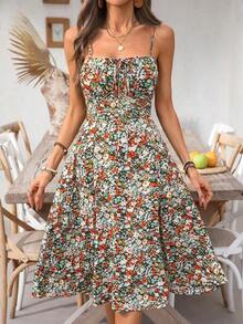 Vestido ajustado de mujer con tirantes finos y estampado floral, vestido vintage con espalda descubierta y bajo con abertura para fiesta/cita - Multicolor 2 - Ver 3
