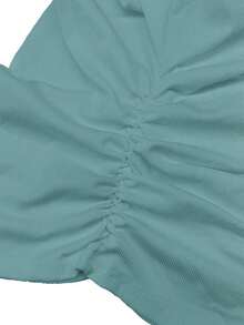 Camiseta blanca básica, casual y sencilla con cuello en V, manga corta, ajustada, con fruncido lateral, acanalada y elástica para mujeres, para el verano - Azul - Ver 7