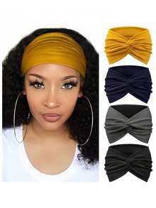 4 peças/Conjunto Novas Faixas de Cabeça Largas de Cor Sólida, Faixas de Cabeça Esportivas de Yoga com Nó Cruzado para Mulheres, Lenços de Cabeça da Moda para Meninas, Adequados para Yoga, Corrida, Esportes no Verão, Acessórios de Cabelo de Verão - Multicolorido - Visão 7