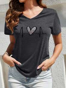 Camiseta de mujer de manga corta con cuello en V con estampado de corazón y leopardo - Gris Oscuro - Ver 1