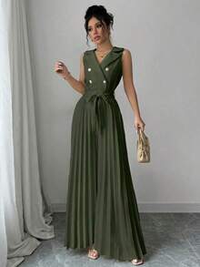 Mono elegante de mujer con diseño de doble botonadura y plisado en color albaricoque, para primavera y otoño - Verde - Ver 3