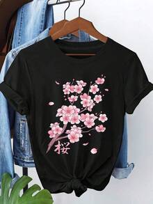 Men's Casual Short-Sleeved Crew Neck Black T-Shirt, Women's T-Shirts Unique Cherry Blossom Design T-Shirt Style Y2k Perfect To Stand Out On Any Occasion, Ideal For Lovers Of Contemporary Fashion And Japanese Aesthetics, A Must-Have Garment In Your Modern Wardrobe. - 黑色 - 查看 6