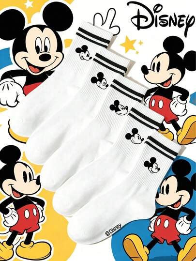  1 đôi tất dài đến bắp chân in hình hoạt hình Mickey & Minnie Mouse kẻ sọc, sản phẩm chính thức của Disney, kiểu dáng thể thao dày dặn, phù hợp cho mọi mùa, phong cách retro thường ngày.