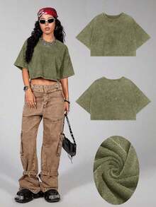 Camiseta básica de manga corta de 100% algodón lavado, verde oliva - Verde militar - Ver 6