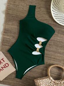 Traje de baño de una pieza elegante para vacaciones con hombros con lazo y decoración metálica hueca en la cintura, de unicolor - Verde Oscuro - Ver 6