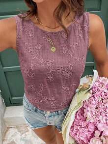 Frenchy Blusa sin espalda y sin mangas con estampado jacquard para vacaciones de verano, ropa de vuelta al colegio, atuendos de maestros, moda, vestidos de mujer de verano, estilo de dinero antiguo, vestidos blancos de mujer, vestidos casuales de mujer, ropa para el 4 de julio, blusas de mujer, tops sin mangas - Rosa vieja - Ver 2