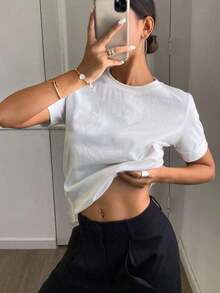 Camiseta casual sencilla de color liso para mujer, uso diario de moda, nueva llegada de otoño - Blanco - Ver 8