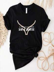 Printed T-Shirts For Women, Oversized Urban-Style Tops, Comfortable And Stylish Summer Tees That Go With Everything. T-Shirts With Slogans Like "In A World Of Princesses, Be Beth," "Boho Cow Skull Howdy," "Wild West," And "Yellowstones Duttons Ranch." - 黑色 - 查看 6
