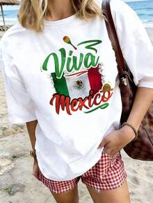 Playera blanca de algodón para mujer con diseño "Viva México", estampado de bandera mexicana desgastada con maraca y sombrero, temática patriota, ideal para fiestas nacionales y looks casuales de verano - Blanco - Ver 6